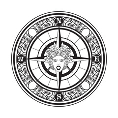 Vector hand drawn illustration of vintage compass. Tattoo artwork with portrait of Gorgon. Template for card, poster, banner, print for t-shirt.