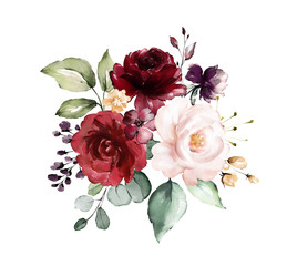  watercolor burgundy flowers. floral illustration, Leaf and buds. Botanic composition for wedding, greeting card.  branch of flowers - abstraction roses