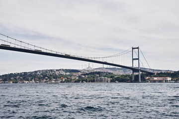 The Bosphorus Bridge connects the Asian side and the European side in Istanbul