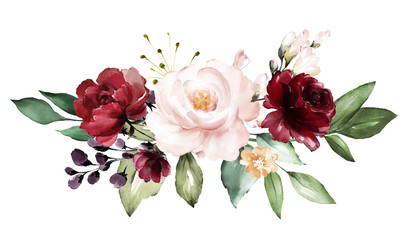  watercolor burgundy flowers. floral illustration, Leaf and buds. Botanic composition for wedding, greeting card.  branch of flowers - abstraction roses