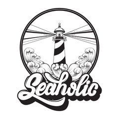 Naklejka premium Seaholic. Quote typographical background. Vector handwritten lettering. Template for card, poster, banner, print for t-shirt.