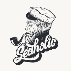Vector hand drawn illustration of captain with pipe. Tattoo artwork in realistic style with handwritten lettering 