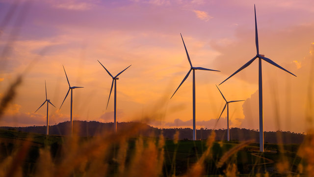 Wind turbines produce electricity and sunlight during sunset.