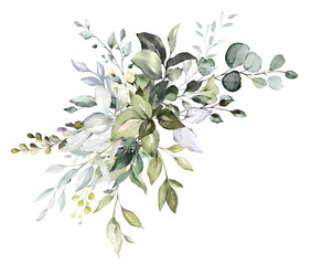  watercolor floral arrangements with leaves, herbs.  herbal illustration. Botanic composition for wedding, greeting card.