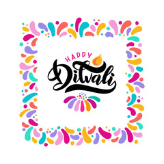 Bright festive vector lettering text Diwali with imitation of diya oil lamp with flame in confetti square border frame