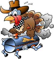 Cartoon Vector illustration of an Thanksgiving Turkey riding a BBQ grill barrel