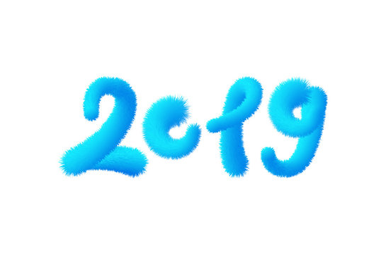 2019 hand drawn fluffy calligraphy. Happy New Year banner, poster with blue 2019 text with animal Fur