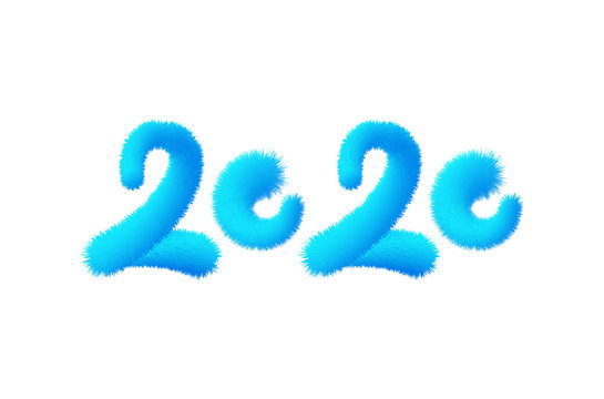 2020 hand drawn fluffy calligraphy. Happy New Year banner, poster with blue 2019 text with animal Fur