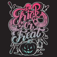 Trick or treat. Vector quote typographical background with handwritten lettering. Hand drawn illustration of ghosts, spider, human skull. Template for card, poster, banner, print for t-shirt.