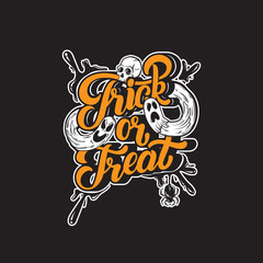 Trick or treat. Vector quote typographical background with handwritten lettering. Hand drawn illustration of ghosts, spider, human skull. Template for card, poster, banner, print for t-shirt.