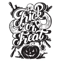  Trick or treat. Vector quote typographical background with handwritten lettering. Hand drawn illustration of ghosts, spider, human skull. Template for card, poster, banner, print for t-shirt. © varvarabasheva