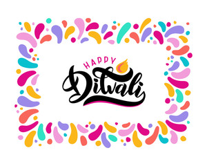 Bright festive vector lettering text Diwali with imitation of diya oil lamp with flame in confetti square border frame
