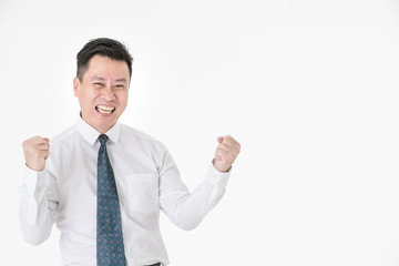 Asian businessman in casual shirt acting winner cheerful for commerce successful isolated on white background with copy space