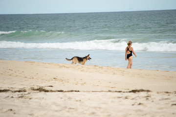 A dog and a woman in the beach
