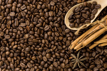Coffee with cinnamon  on a wooden table. Top view from above