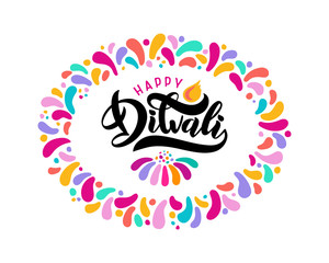 Bright festive vector lettering text Diwali with imitation of diya oil lamp with flame in confetti oval border frame