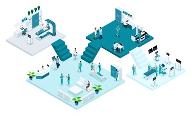 Isometric room of the hospital, Healthcare and innovative technology, medical personnel, patients, examination and diagnosis of the disease, surgery