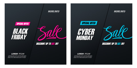 Black Friday Sale and Cyber Monday Sale special offer promotional cards with hand lettering, discount up to 50% off, for business, promotion and advertising. Vector illustration.