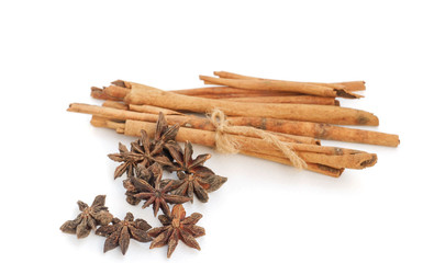 Cinnamon on a white background, light brown cinnamon on a white