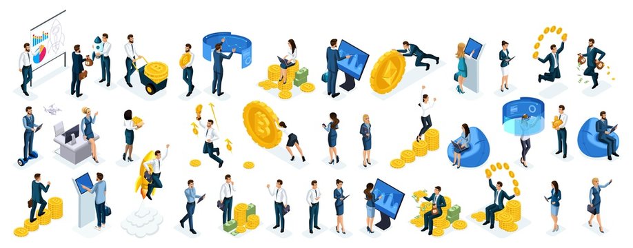 Isometric big set businessmen and business ladies use virtual screens to buy online crypto currency, modern technology, young entrepreneurs