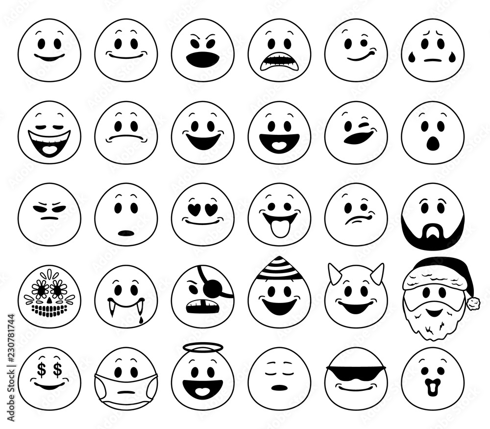 Wall mural vector set of emoticons in outline style. collection of smiley face emojis isolated on white backgro