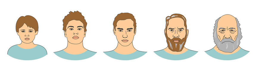 Set of male portraits from child to senior. Generation of men at different ages: boy, teenager, young, adult, old. Vector illustration, outline style.