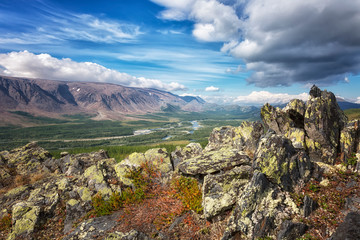 Naklejka premium View of the Rai-Iz mountain and the Sob River in the Polar Urals on a sunny summer day, Yamal, Russia