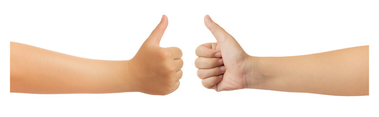 Double front and back human hand in showing one thumb up or like icon in trendy gesture isolate on white background with clipping path, High resolution and low contrast for retouch or graphic design