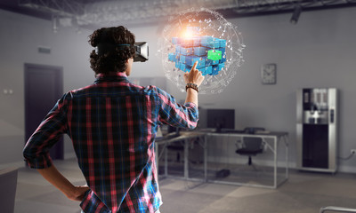 Experiencing virtual technology world. Mixed media
