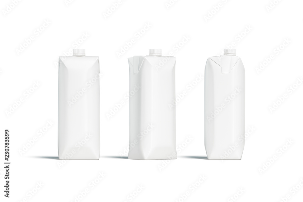 Fototapete blank white prisma juice pack with lid mockup set, different sides, 3d rendering. empty milk pack mo