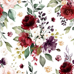 Seamless pattern with burgundy flowers and leaves. Hand drawn background.  floral pattern for wallpaper or fabric. Flower rose. Botanic Tile. - 230784120