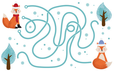 Maze game for kids. Help the fox find right way to the his friend. Winter animals. Preschool education worksheet. Vector illustration.