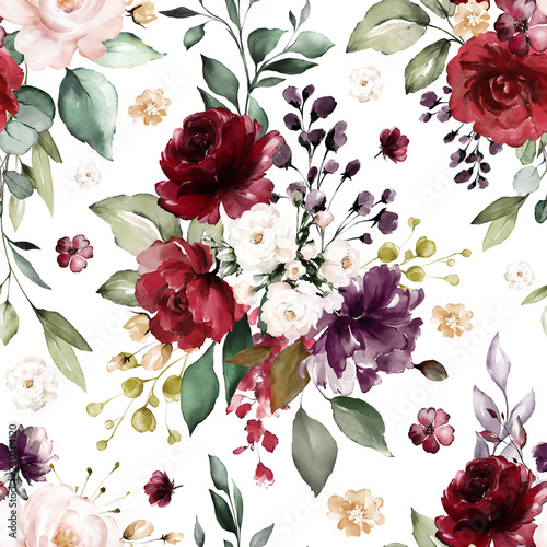 "Seamless pattern with burgundy flowers and leaves. Hand drawn