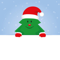happy cute christmas tree on blue snowy background