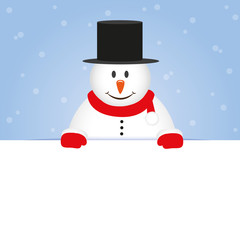 happy cute snowman on blue snowy background