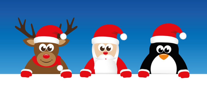 cute reindeer santa and penguin cartoon with big eyes banner