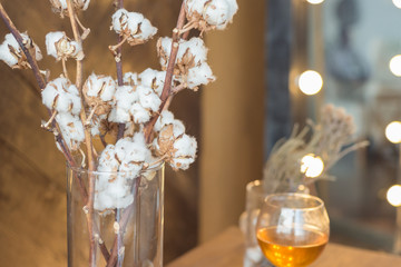 Cotton twigs in a vase on a beautiful bright background, home stylish natural decor
