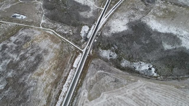 Aerial view of the first Snowfall in the Field