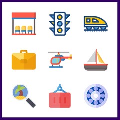 9 transport icon. Vector illustration transport set. sail boat and bus stop icons for transport works