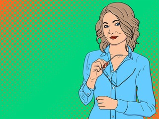 Thoughtful girl with glasses in her hands. Office woman in comic style. Pop Art vintage vector illustration