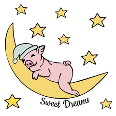 Cute little piglet in a night cap, sleeping on the moon among the stars. Isolated drawing on white background.