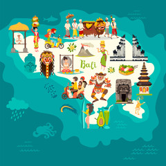 Bali-Kartenvektor. Abstraktes Atlas-Poster. Illustrierte Karte von Bali für Kinder/Kind. Bunte Sehenswürdigkeiten gestalten Torarchitektur und Tempel.Traditionelles neues Jahr.Balinesische Maske und Opfergaben an die Geister