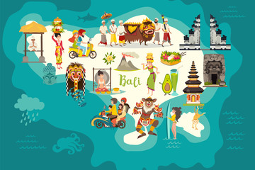 Bali map vector. Illustrated map of Bali for children/kid. Cartoon abstract atlas of Bali with landmark: gazebo, Temple, motorcycle and balinese dancer - obrazy, fototapety, plakaty