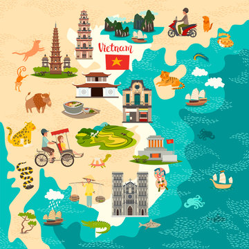 Vietnam abstract map. Colorful vector poster. Old ship and rickshaw icons. Traditional Vietnamese food and rice fields background. Abstract Ha long Bay and mausoleum