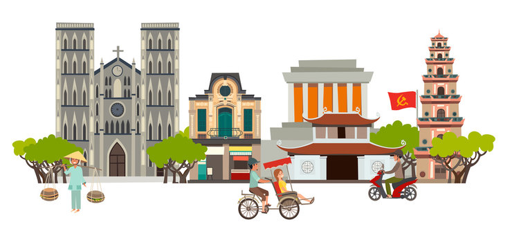 Vietnam city skyline vector art. Abstract street with Pagoda and Church, traditional house. People on motorbike and asian woman. Travel and tourist attraction. Isolated on white background