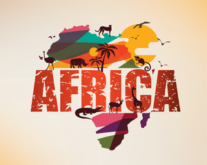 Africa travel map, decorative symbol of Africa continent with wild animals silhouettes - 230788568
