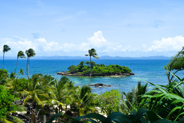 View over island in caribbean sea with many palms, blue sky, some clouds on the horizon, tropical...