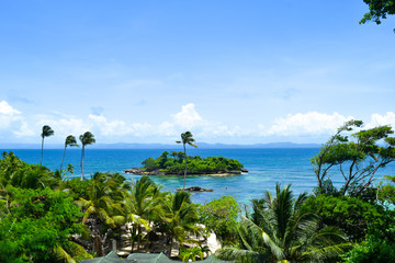View over island in caribbean sea with many palms, blue sky, some clouds on the horizon, tropical island