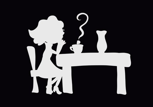 Pensive young woman sitting at the table, question mark over a cup of tea or coffee