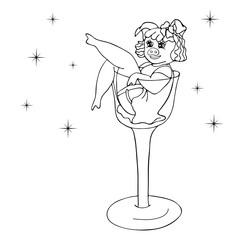 A cheerful glamorous piggy sits in a glass of wine. Isolated vector hand drawing on white background.